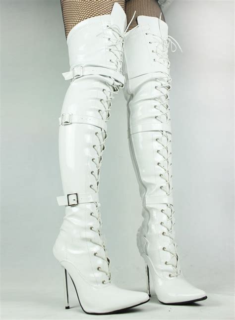 Buckle Strap Thigh High Boots Patent Leather White Over