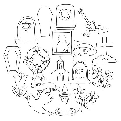 funeral thin  icon set  funeral objects doodle vector icons rip