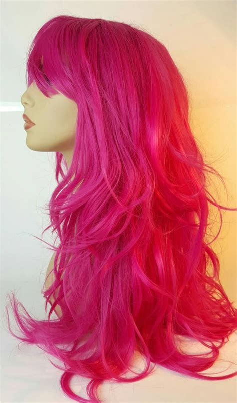Long Pink Wavy Layered Wig Long Pink Wig Hot Pink Wig Wig Etsy