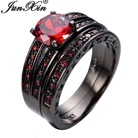 junxin size  red jewelry pcs red fashion engagement ring set black gold filled rings