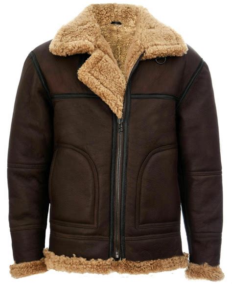 men  aviator real shearling brown sheepskin leather flight bomber jacket real shearling jacket