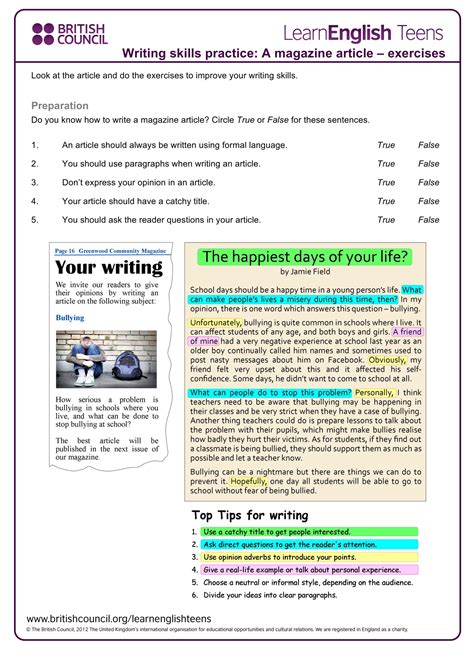 writing  magazine article worksheet