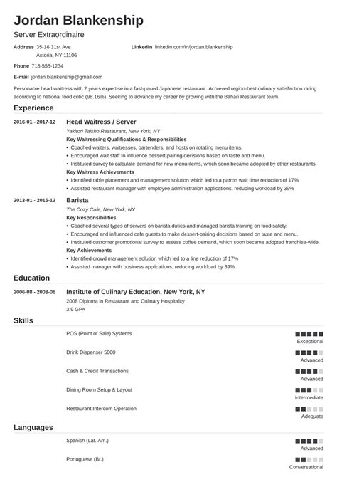 waitress resume examples skill list    guide