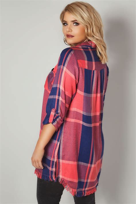 limited collection coral checked shirt with frayed hem and roll up sleeves plus size 16 to 36