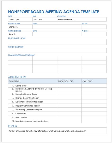 nonprofit board meeting template