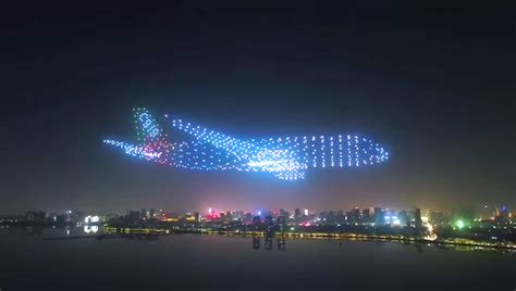 led equipped drones fly   shape   giant airplane   aircraft  nanchang city