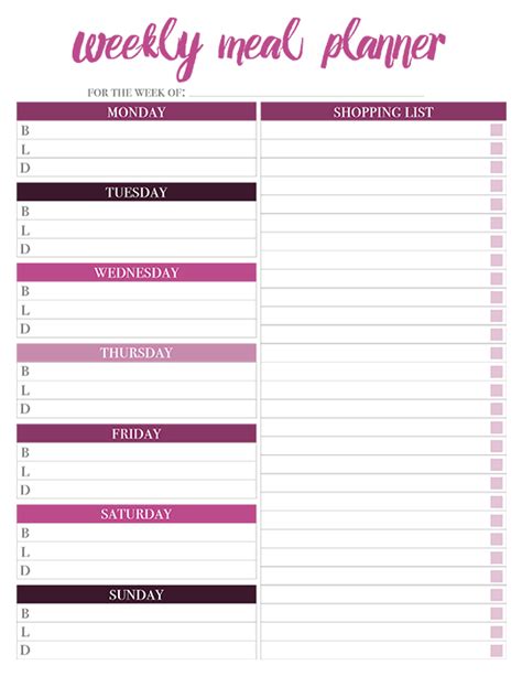 grocery list meal plan template