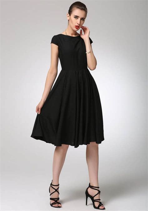black dress knee length swing dress cap sleeve modest etsy