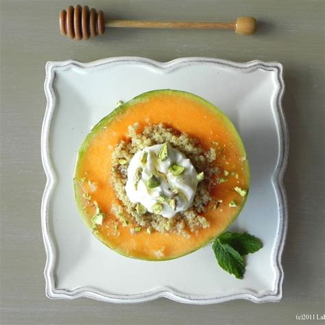 charentais melon with spiced quinoa yogurt and pistachio recipe on food52