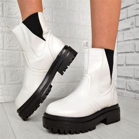 womens white chunky chelsea ankle boots comfy thick soles winter elastic shoes ebay