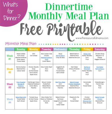 monthly meal plan  dinner  printable monthly meal planning meal planning printable
