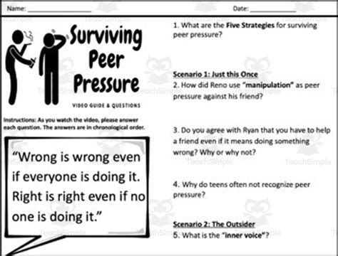 Surviving Peer Pressure Video Guide And Reflection Questions By Teach