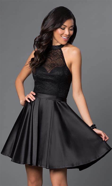 Short Lace And Satin Halter Prom Dress Promgirl