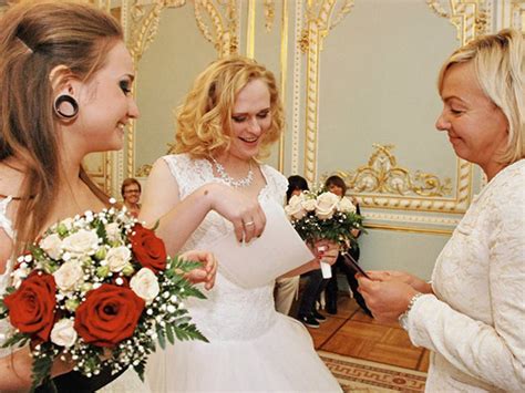 two brides get married to each other in first russian lgbt wedding