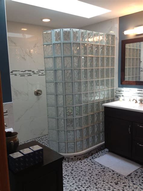 bathroom remodel  curved barrier  glass block walk  shower