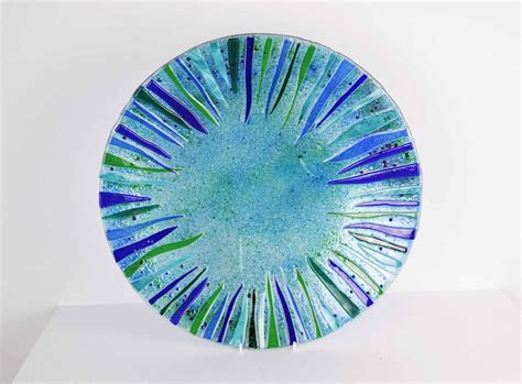 Blue And Green Themed Platter Fusing Glass Art Bowls