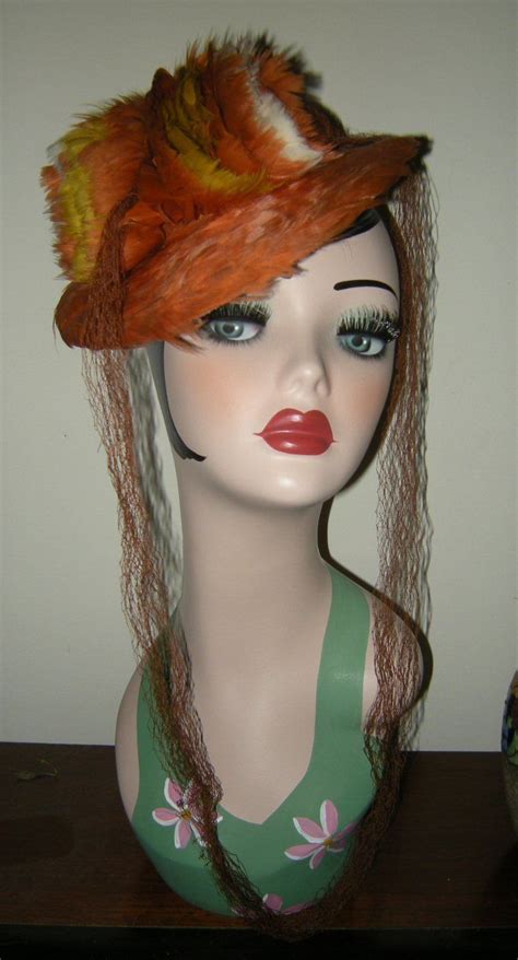 Vintage 1940s Orange Feather Tilt Hat With Brown Tulle And Elastic