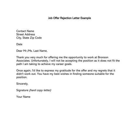 job offer rejection letter sample