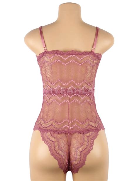 Plus Size Sexy Chest Ribbon Adjusting Pink Lace Teddy Ohyeah888