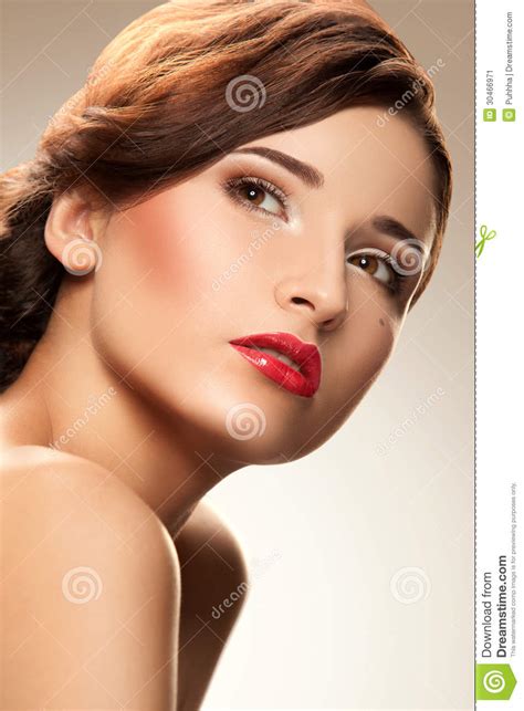 red lip woman with nice makeup and red lipstick stock