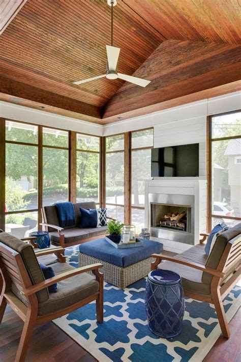 casual sophisticated enclosed outdoor living room  vaulted shiplap ceiling porch colors