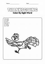 Thanksgiving Color Word Sight Printables Number Worksheets Worksheeto Math Via sketch template