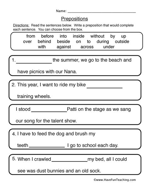 grade language arts worksheets prepositions  images