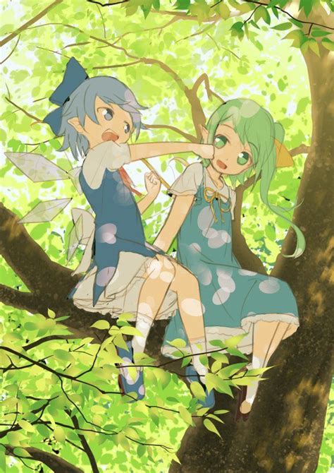 2girls blue dress blue eyes blue hair blue shoes bow cirno clenched