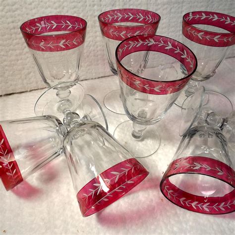 set of 8 victorian cut ruby glass rim wine rummer glasses antique