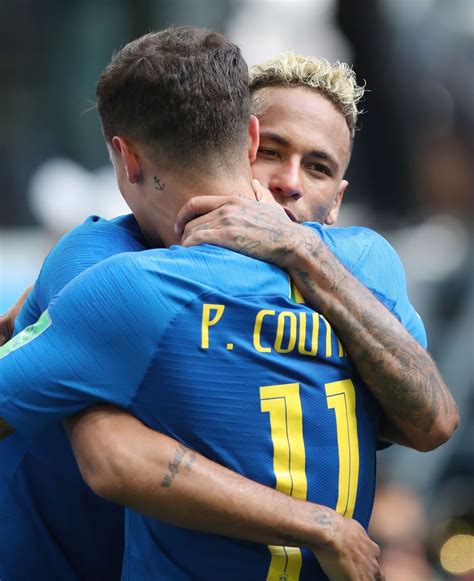 Neymar Of Brazil Celebrates With Philippe Coutinho After He Scores