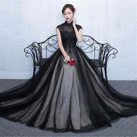 2017 black cheongsam sexy long qipao evening dress party dresses robe