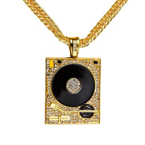 Dj Phonograph Big Pendant Necklace Men Jewelry Hiphop Curb Chain Gold