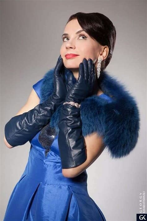 Beautiful Blue Long Leather Gloves