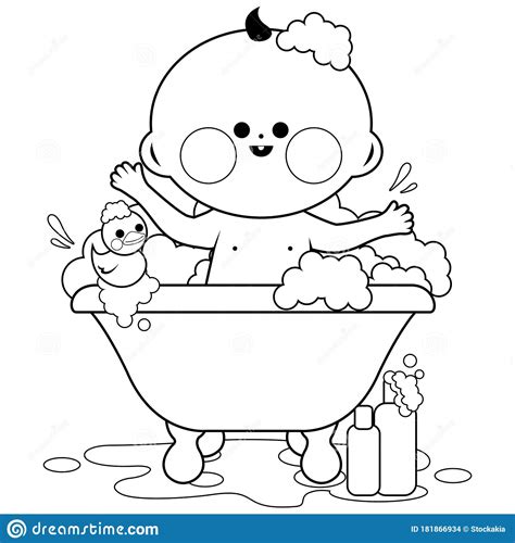 baby   tub   bath black  white coloring book page stock