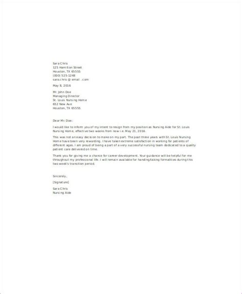 resignation letter  nursing assistant sample resignation letter