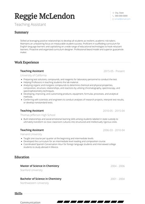 teaching assistant resume samples  templates visualcv