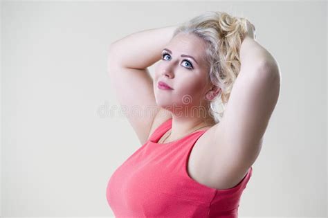 Plus Size Fashion Model Fat Woman On Beige Background Overweight