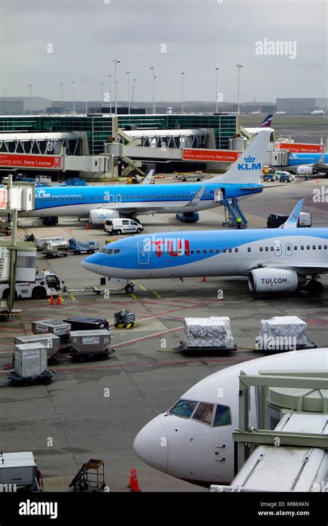 delta  klm aircraft   runway awaiting departure  amsterdam schiphol airport stock