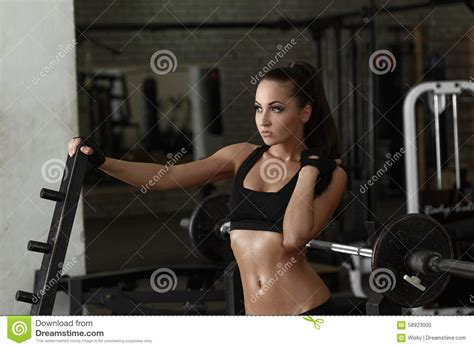 Gym Beautiful Woman Posing Sweaty After Workout Stock
