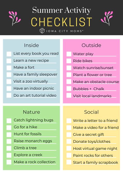 summer activity checklist  families