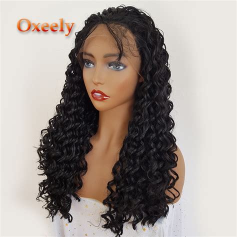 oxeely long kinky curly hair synthetic lace front wigs black color with
