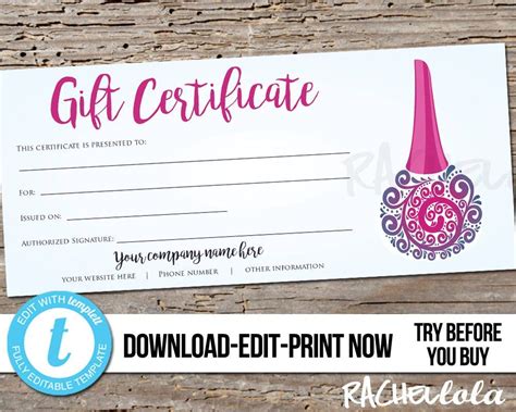 editable custom nail salon gift certificate printable etsy gift