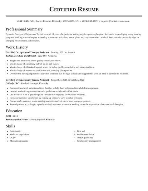 certified occupational therapy assistant resumes rocket resume