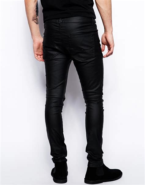 lyst asos super skinny jeans  leather   black  men