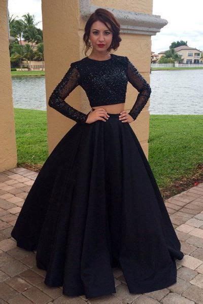 junoesque black beading long sleeve satin  piece prom dresses vestidos dos piezas