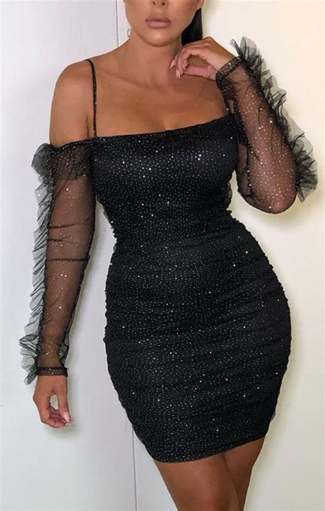 black sparkly glitter bardot bodycon mini dress madison in 2020
