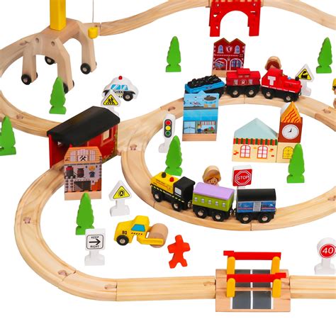 pcs hand crafted wooden train set crossing railway track kids