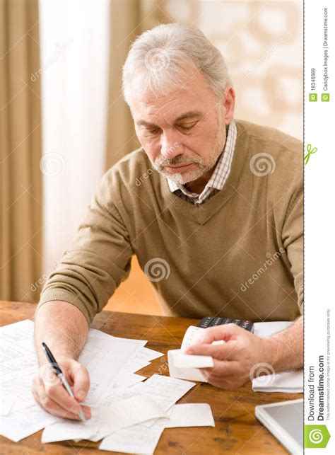 Senior Mature Man Home Office Tape Calculator Royalty