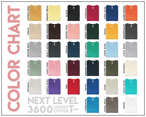 level  color chart   colors  level unisex cotton  shirt color chart