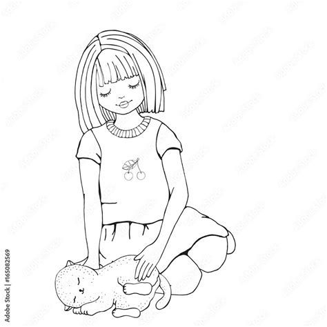 cute cartoon girl  cat coloring book page  adult  children